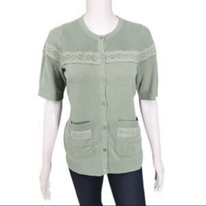 Isaac Mizrahi soho french terry sage green lace front button up cardigan, size M